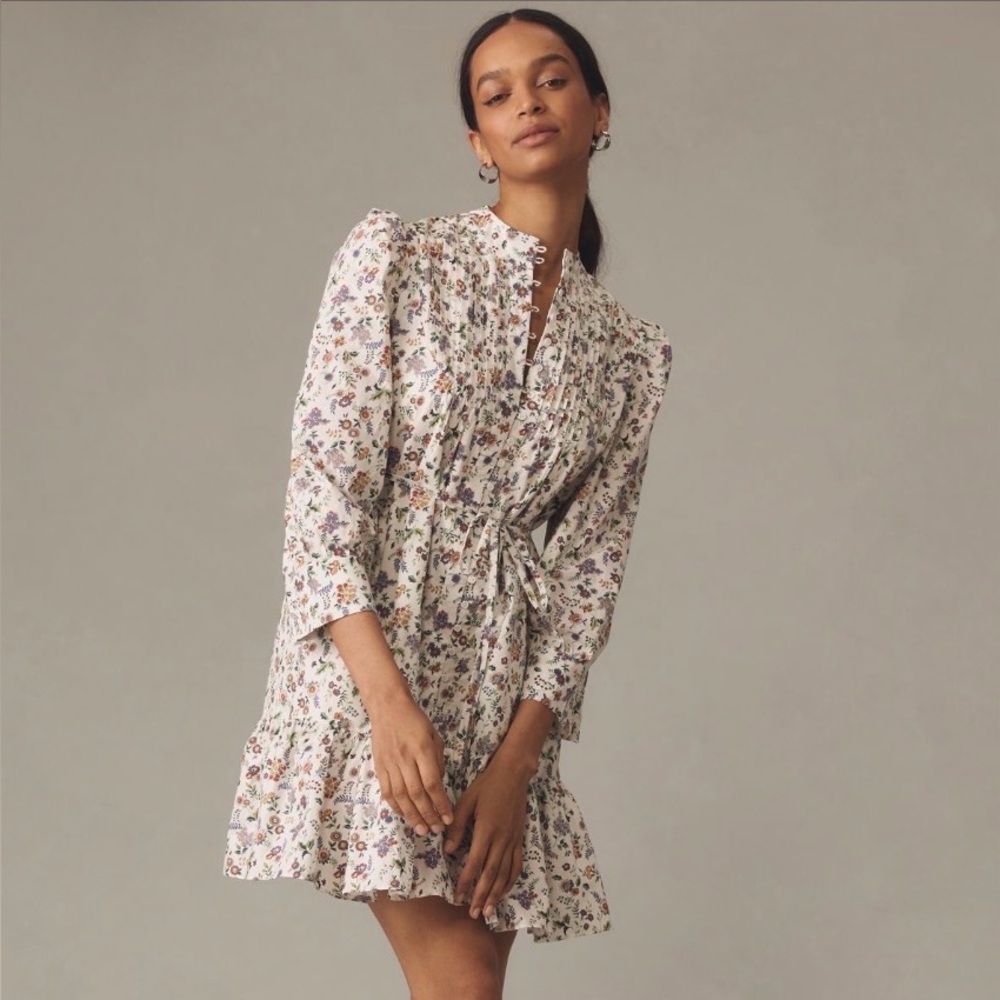 Anthropologie English Factory Pintuck White Floral Long Sleeve Dress